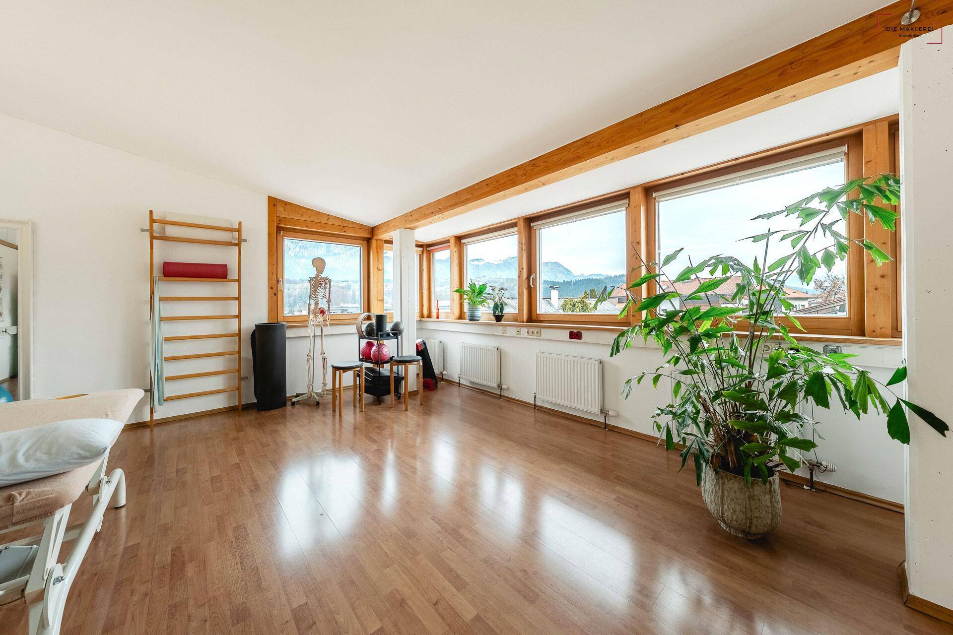 Geräumiger Physiotherapieraum mit Holzboden, Sprossenwand und weitem Bergblick durch große Fenster.