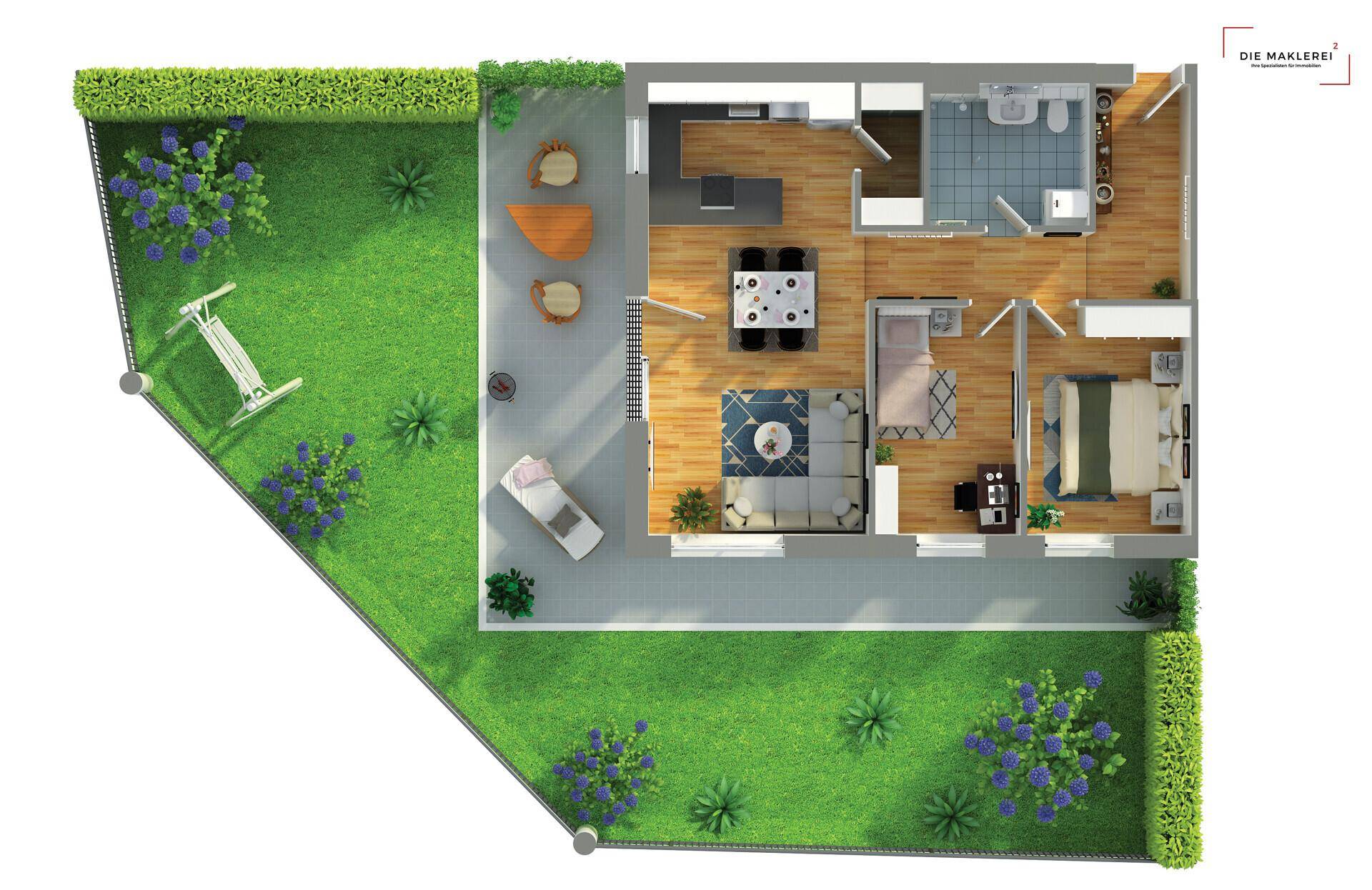 Detaillierter 3D-Grundriss einer Wohnung mit offenem Wohnbereich, Schlafzimmer und großem Garten.