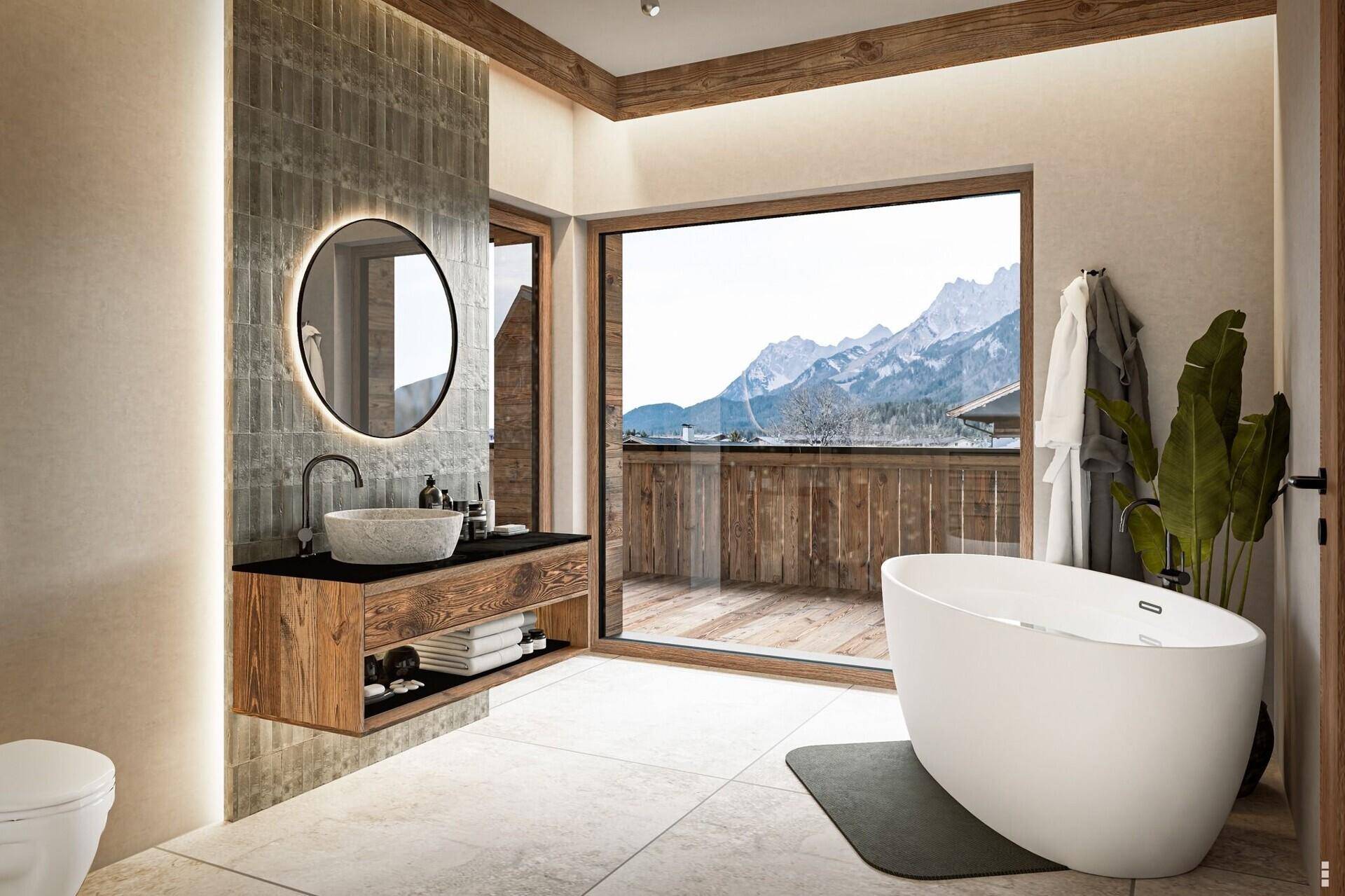 Modernes Badezimmer mit freistehender Badewanne, Holzelementen und Bergblick.
