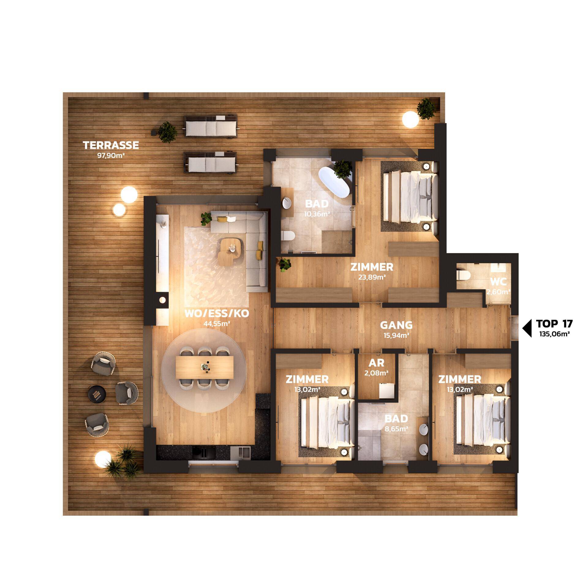 Detaillierter Grundriss einer Wohnung mit großer Terrasse und drei Schlafzimmern.