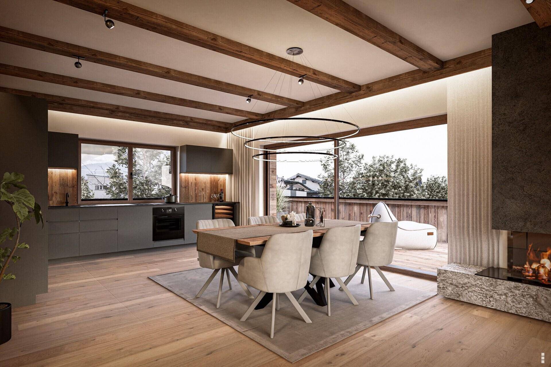 Heller Essbereich mit moderner Küche, Holzbalken und Zugang zur Terrasse.