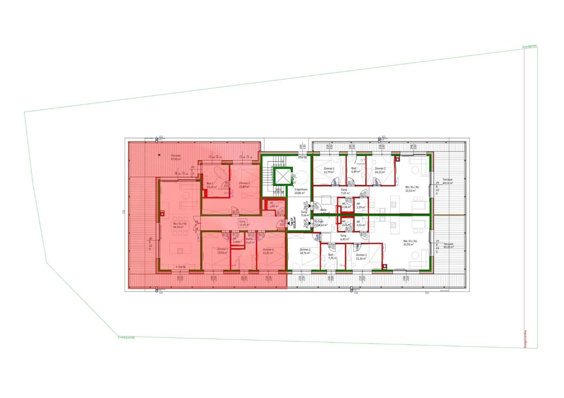 Grundrissplan mit mehreren Wohneinheiten und Terrassenzugängen.