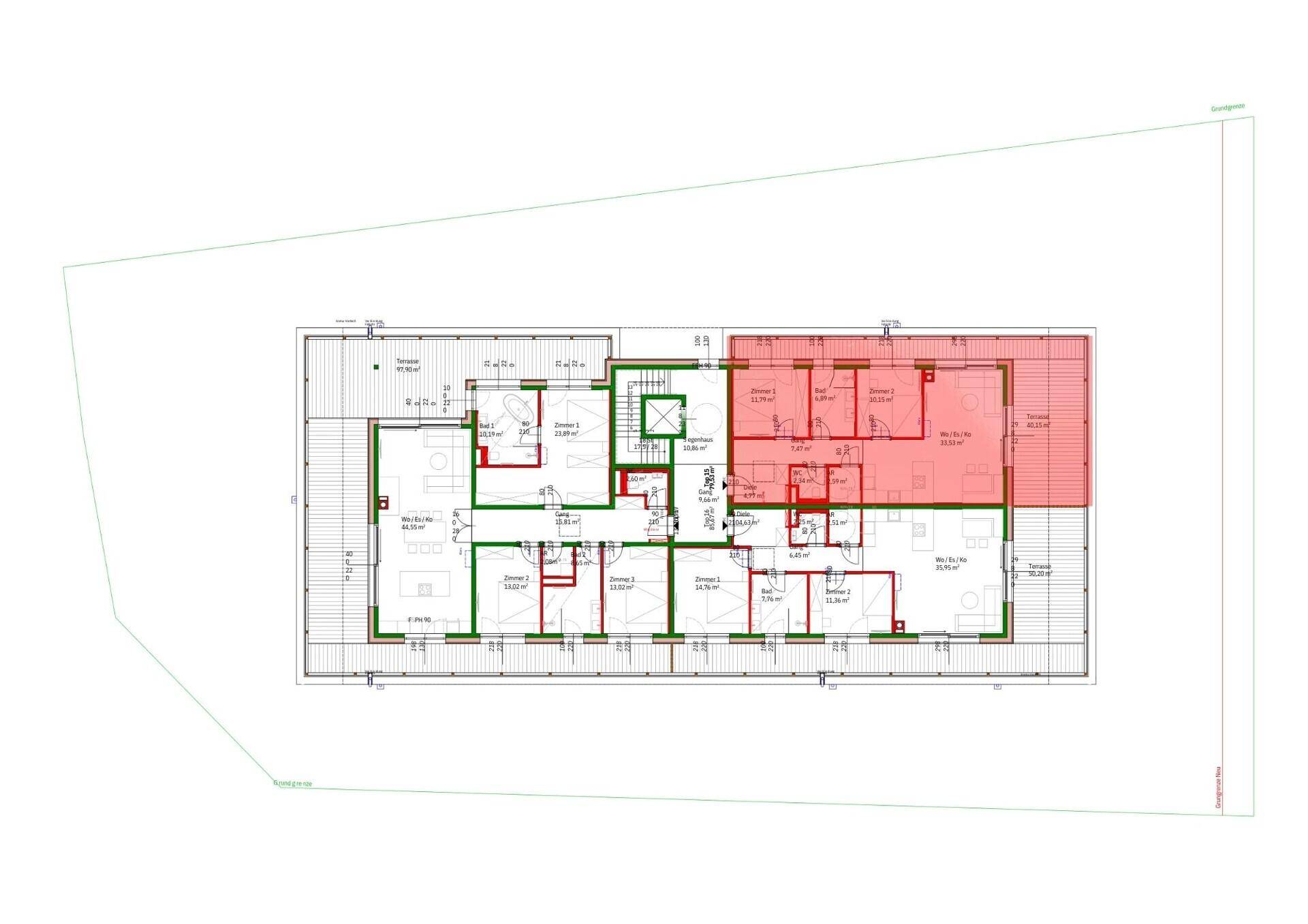Grundriss einer Wohnung mit mehreren Zimmern, Terrasse und klarer Raumaufteilung für optimales Wohnen.