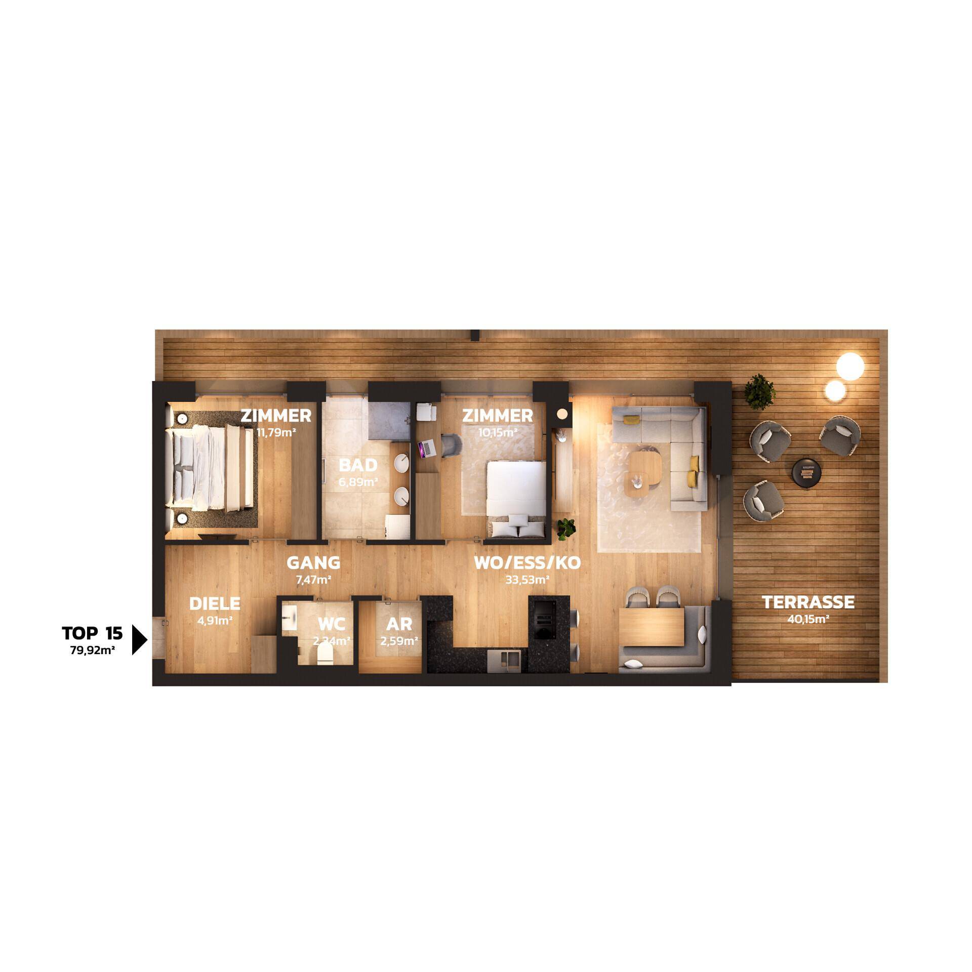 Detaillierter Grundriss einer Wohnung mit offenem Wohn-Ess-Kochbereich und großer Terrasse.