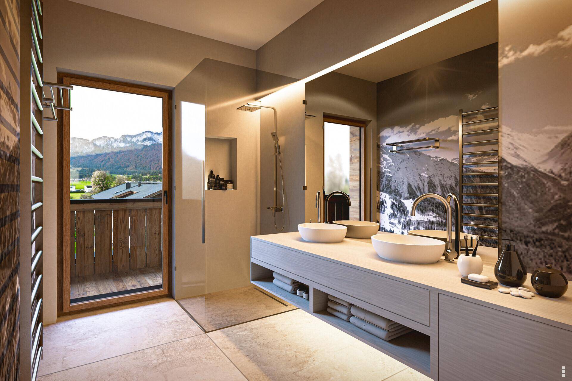 Modernes Badezimmer mit Doppelwaschbecken, begehbarer Dusche und Balkonzugang mit Bergblick.