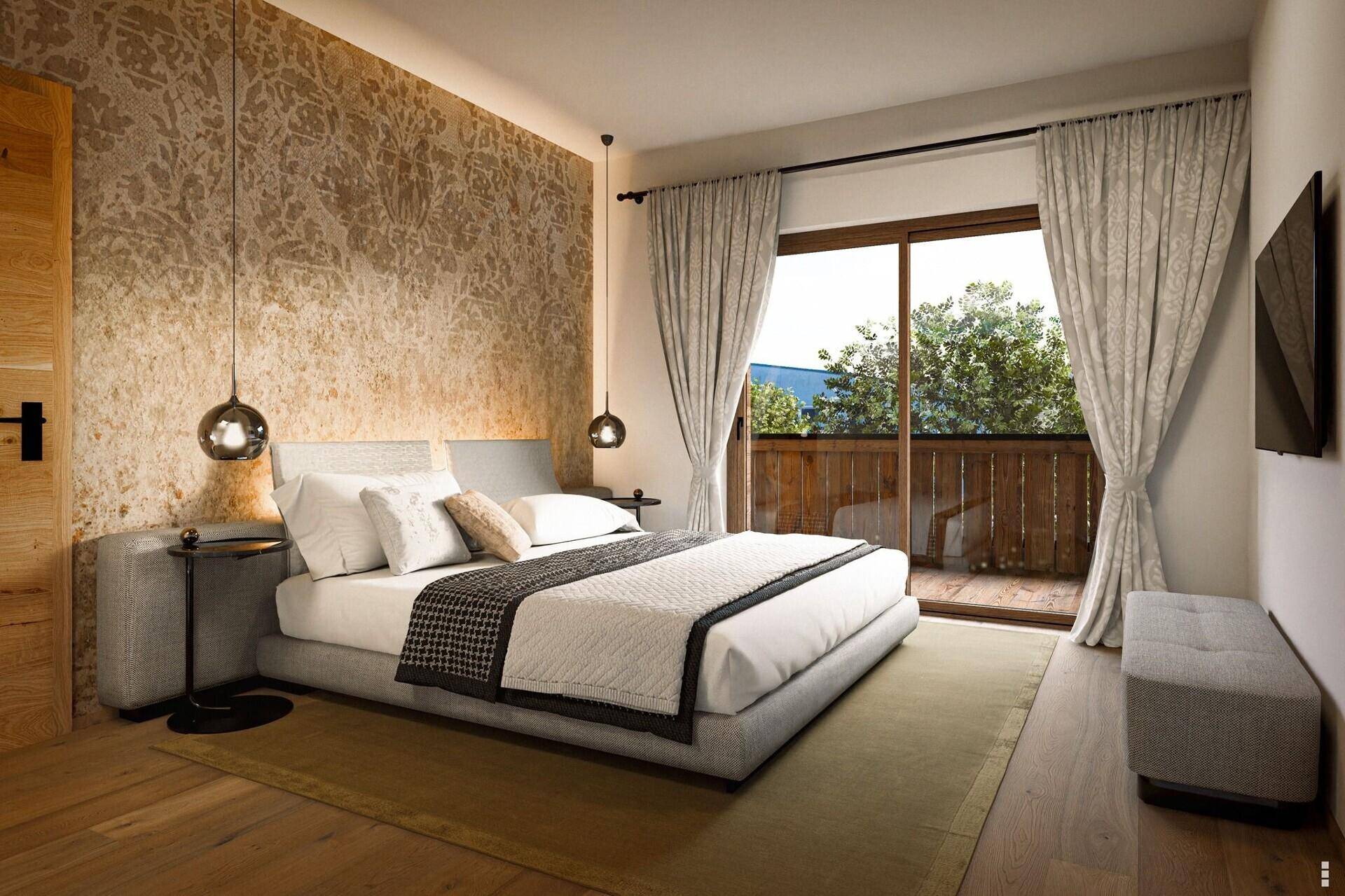 Modernes Schlafzimmer mit Holzboden, strukturierter Wand und Balkonzugang.