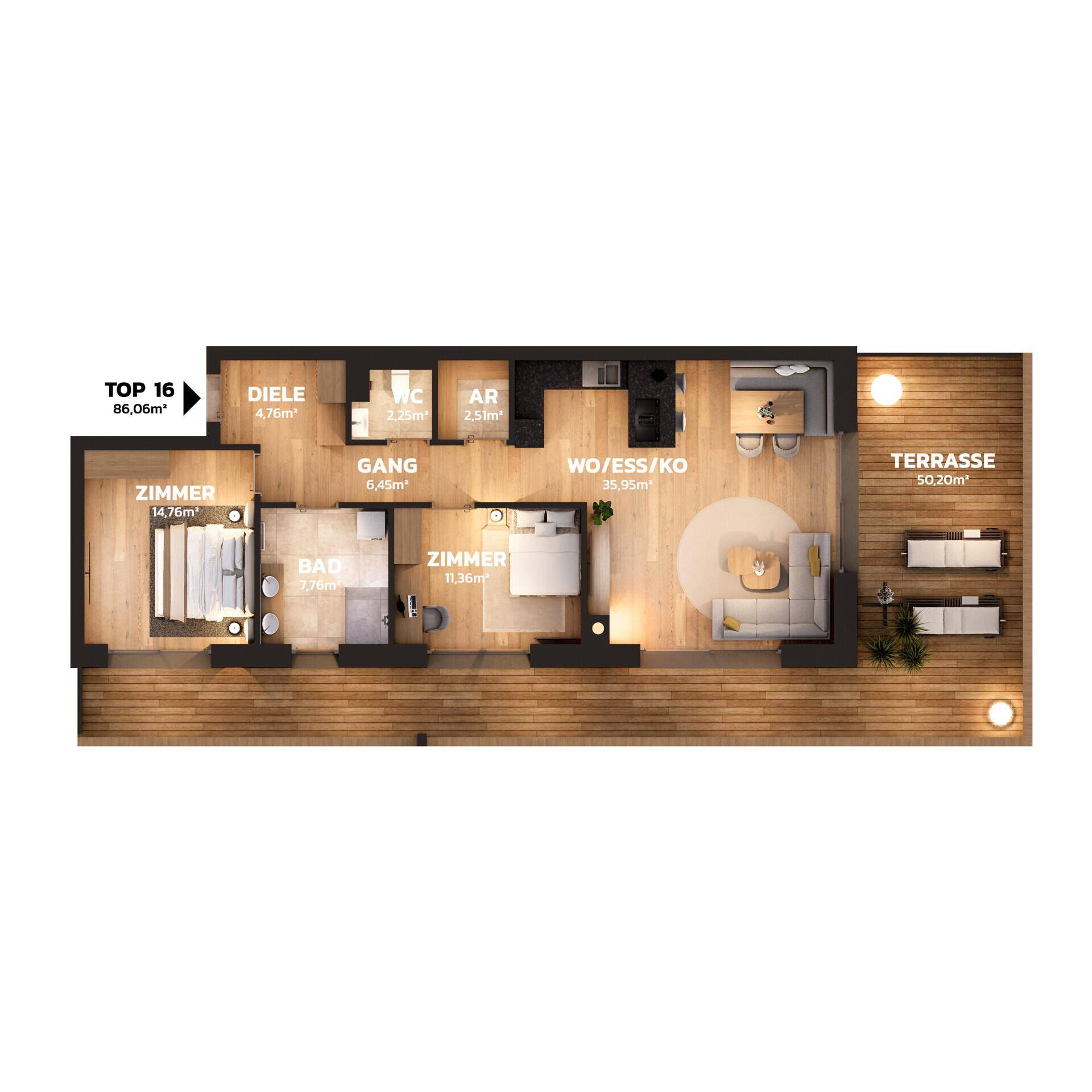 Detaillierter Grundriss einer Wohnung mit offener Wohnküche und großer Terrasse.