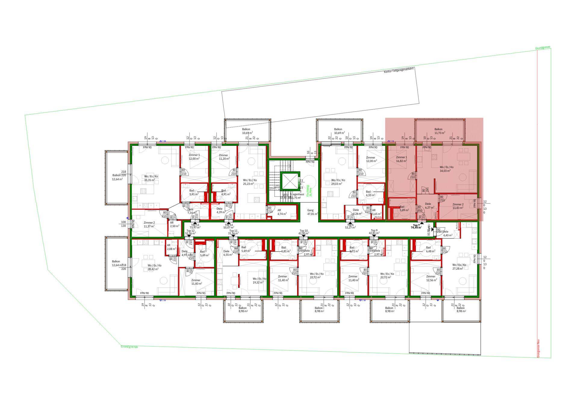 Grundrissplan einer Etage mit mehreren Wohneinheiten und klarer Raumaufteilung.