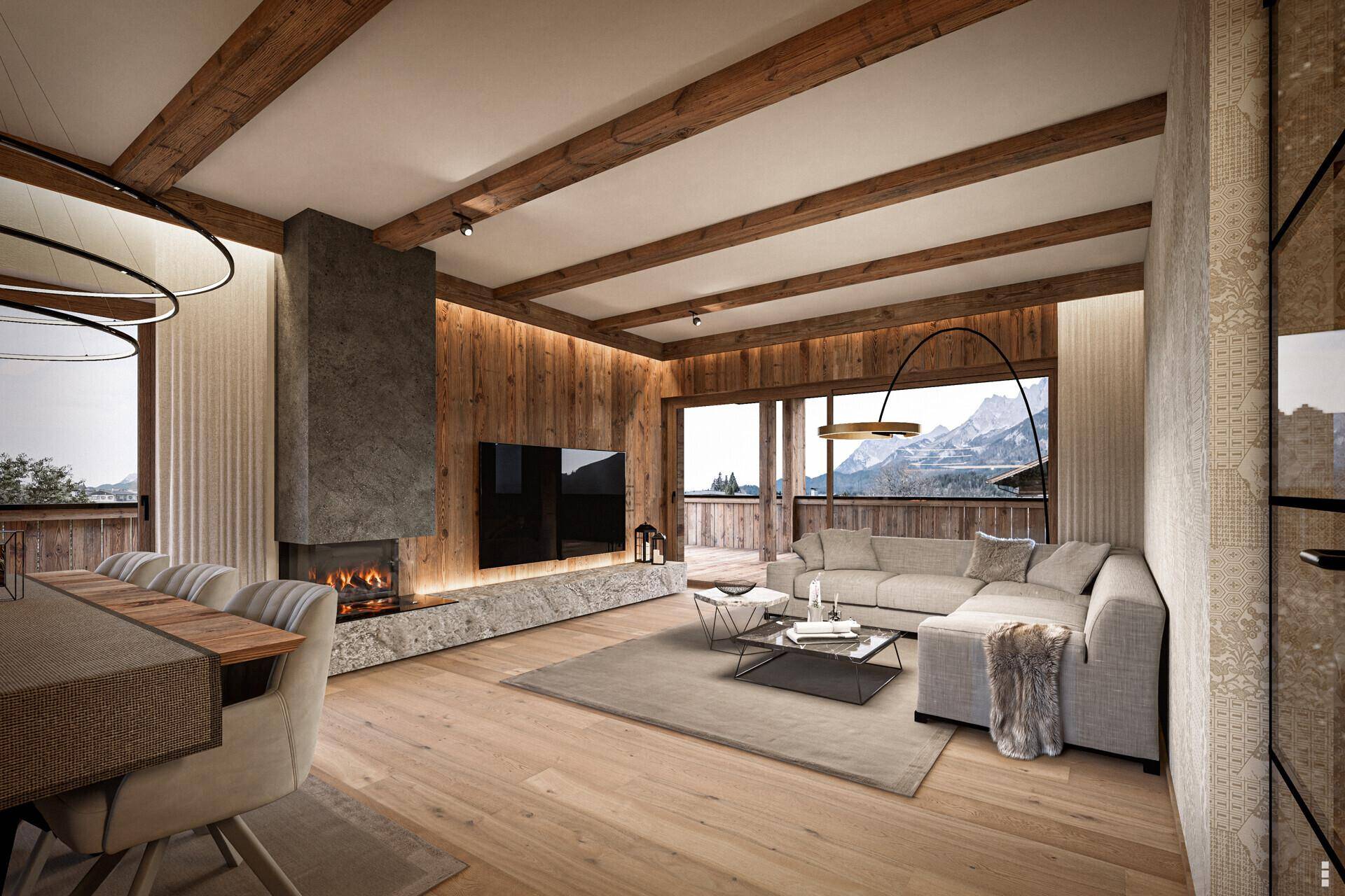 Gemütlicher Wohn-Essbereich mit Holzbalken, modernem Kamin und atemberaubendem Bergblick.