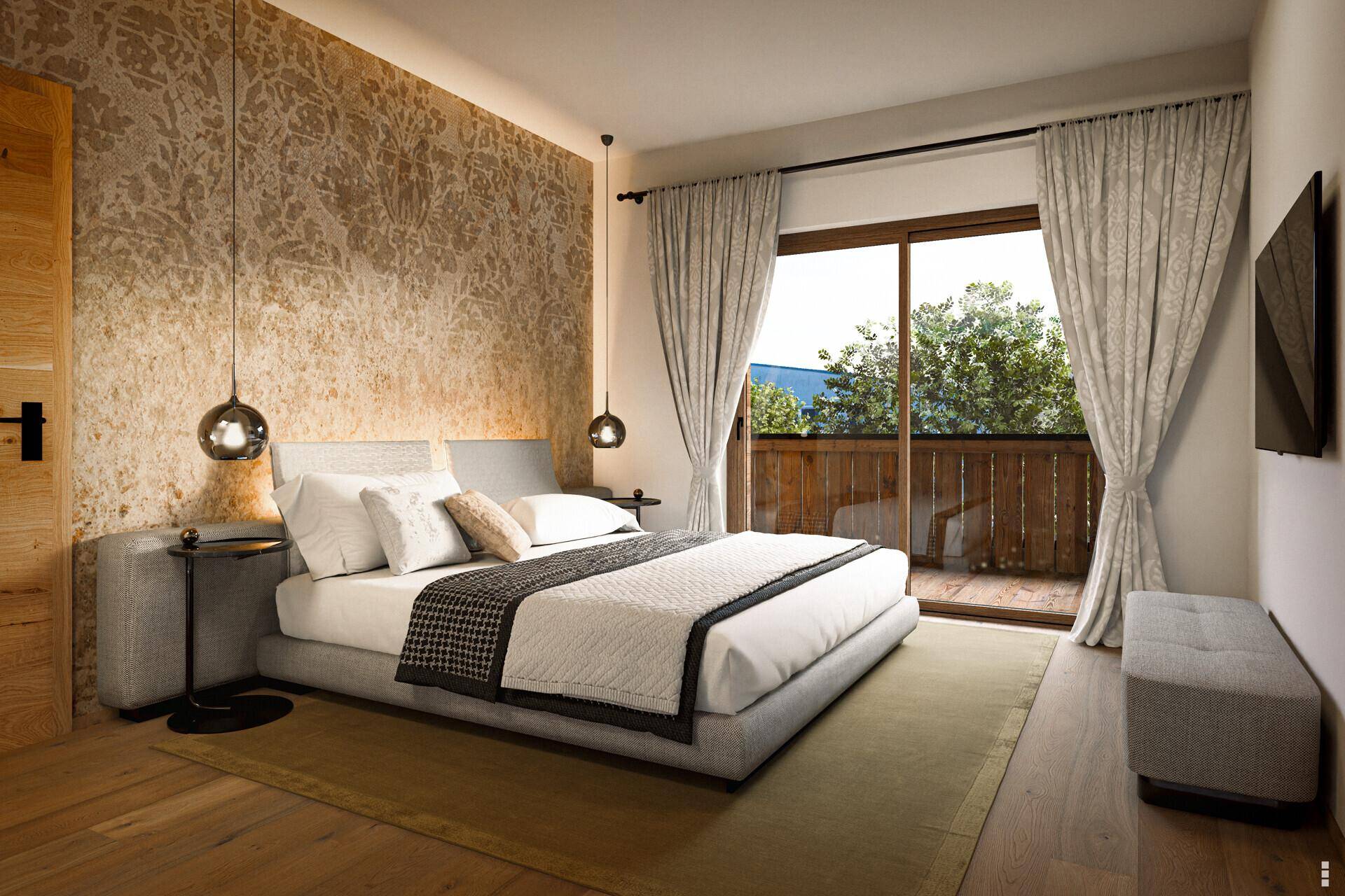 Modernes Schlafzimmer mit Balkonzugang, Holzboden und einer strukturierten Wandgestaltung.