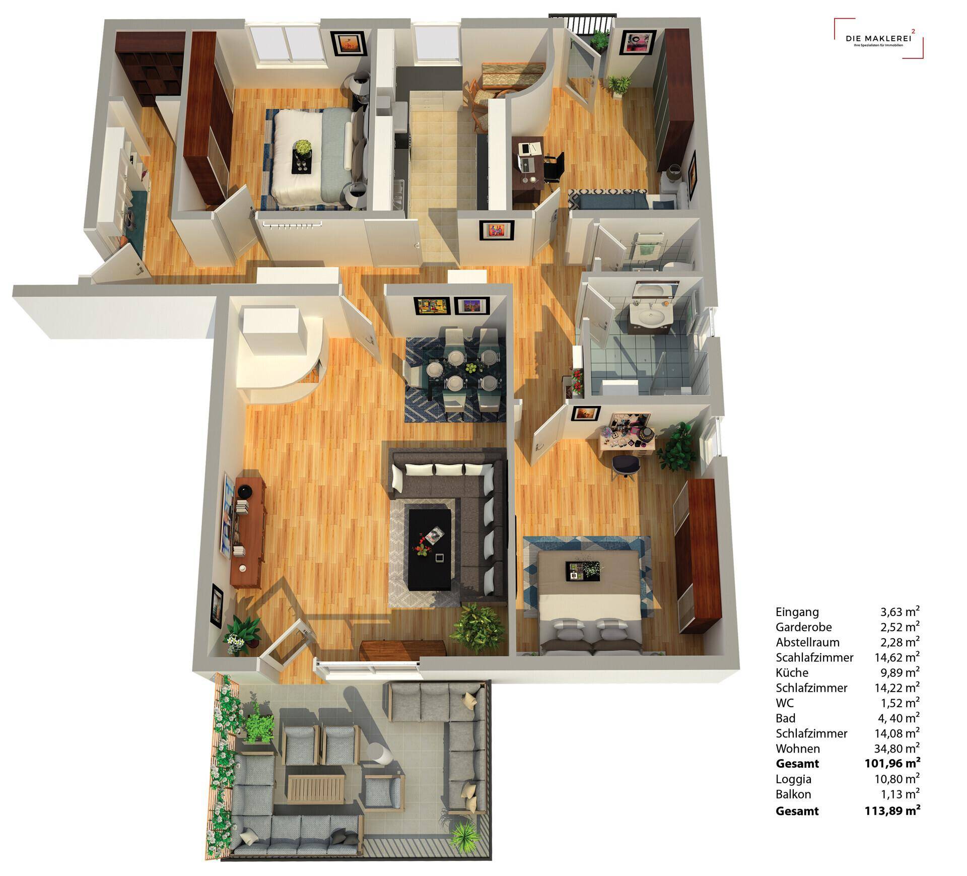 Dreidimensionaler Grundriss der Wohnung mit Loggia und Balkon.