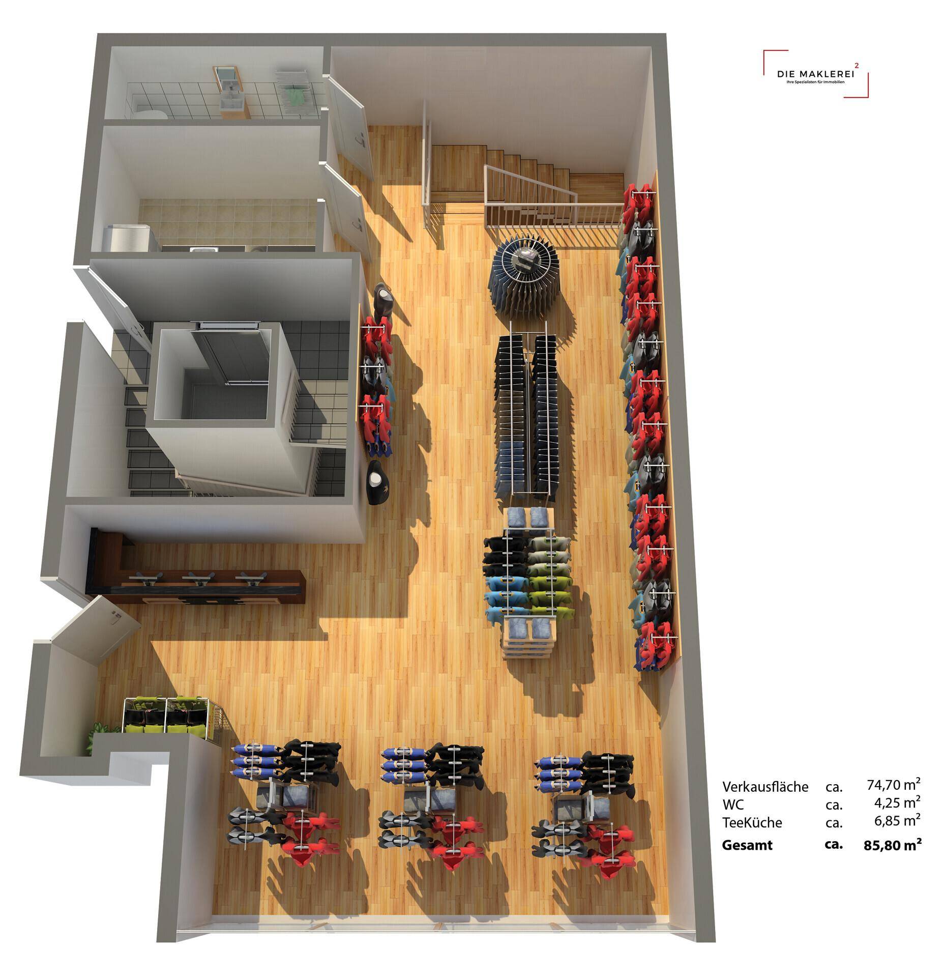 Grundriss des oberen Verkaufsbereichs mit Treppe, WC und Teeküche, zeigt die Raumaufteilung.