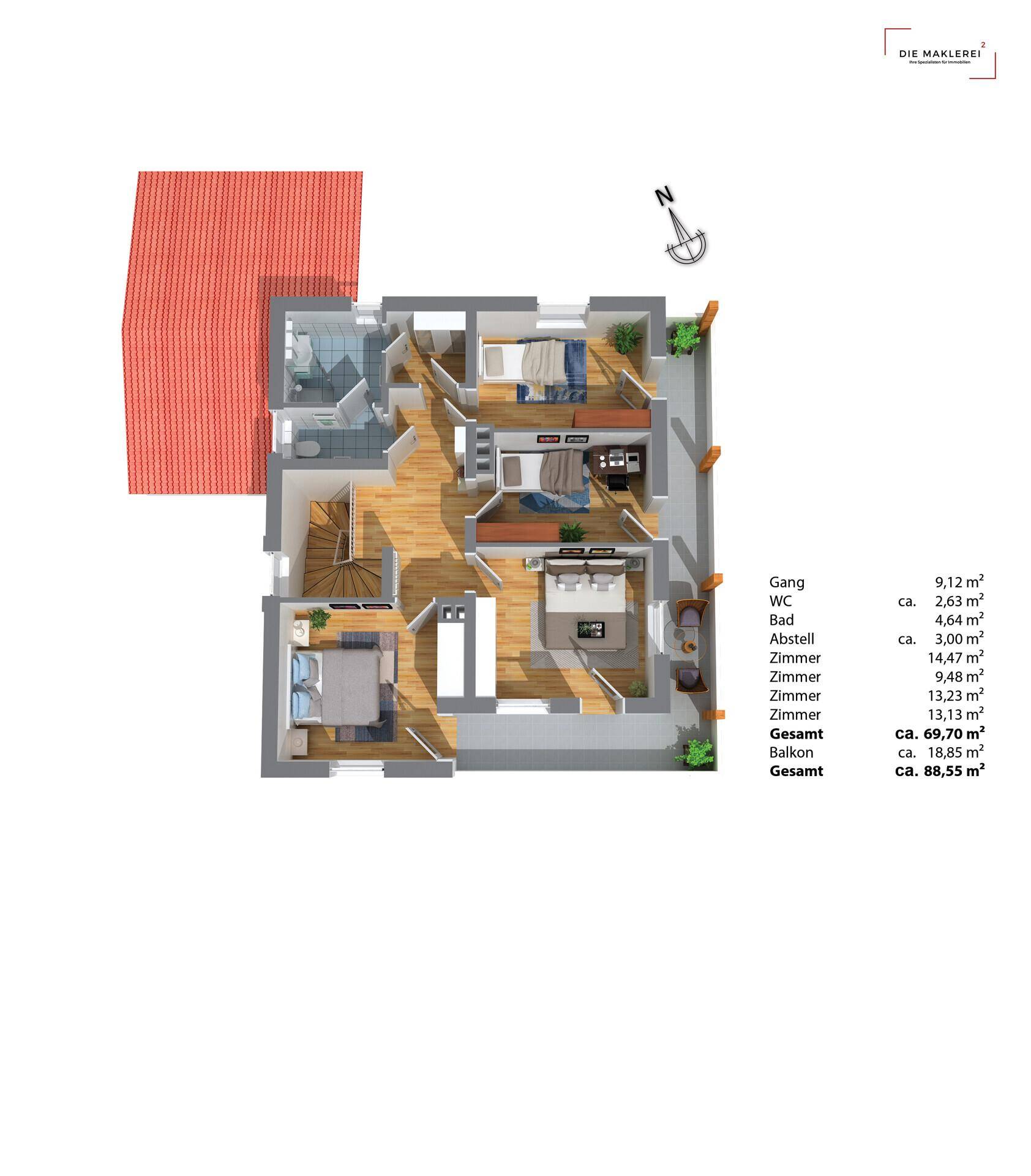 3D-Grundriss des Obergeschosses mit mehreren Schlafzimmern, Bad und Balkonzugang.