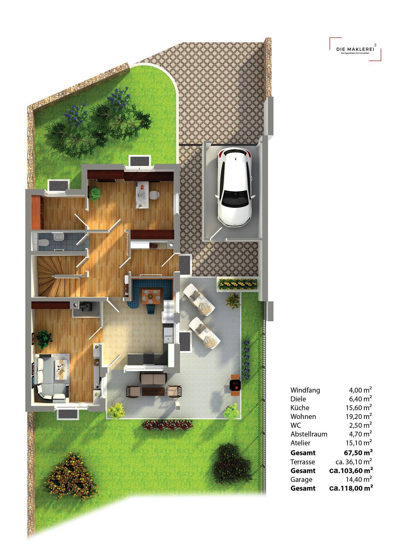 Grundriss des Erdgeschosses mit Garten, Terrasse und Carport.