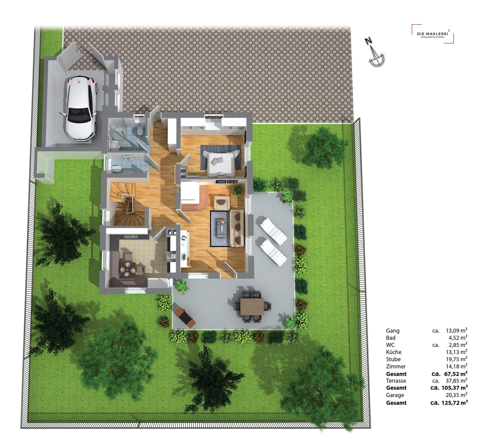 3D-Grundriss des Erdgeschosses mit offenem Wohnbereich, großer Terrasse und integrierter Garage.