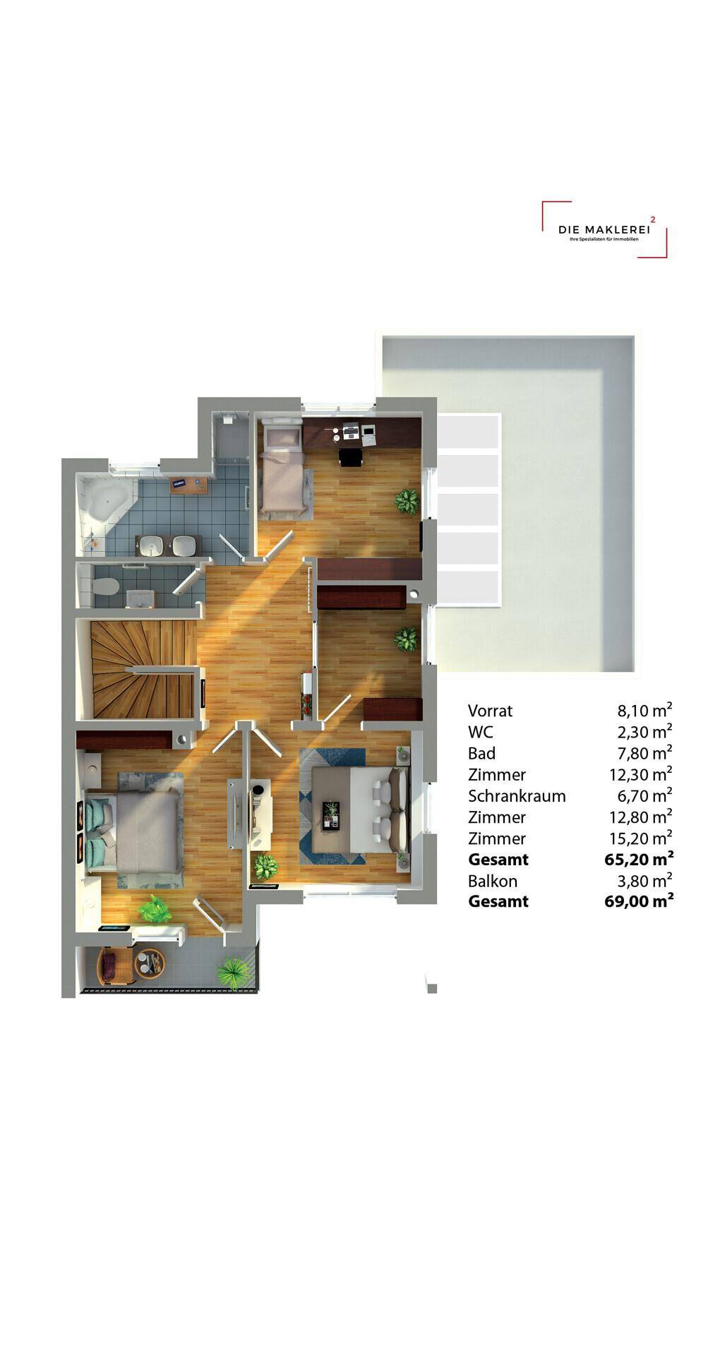 Grundriss des Obergeschosses mit Schlafzimmern und Balkon.