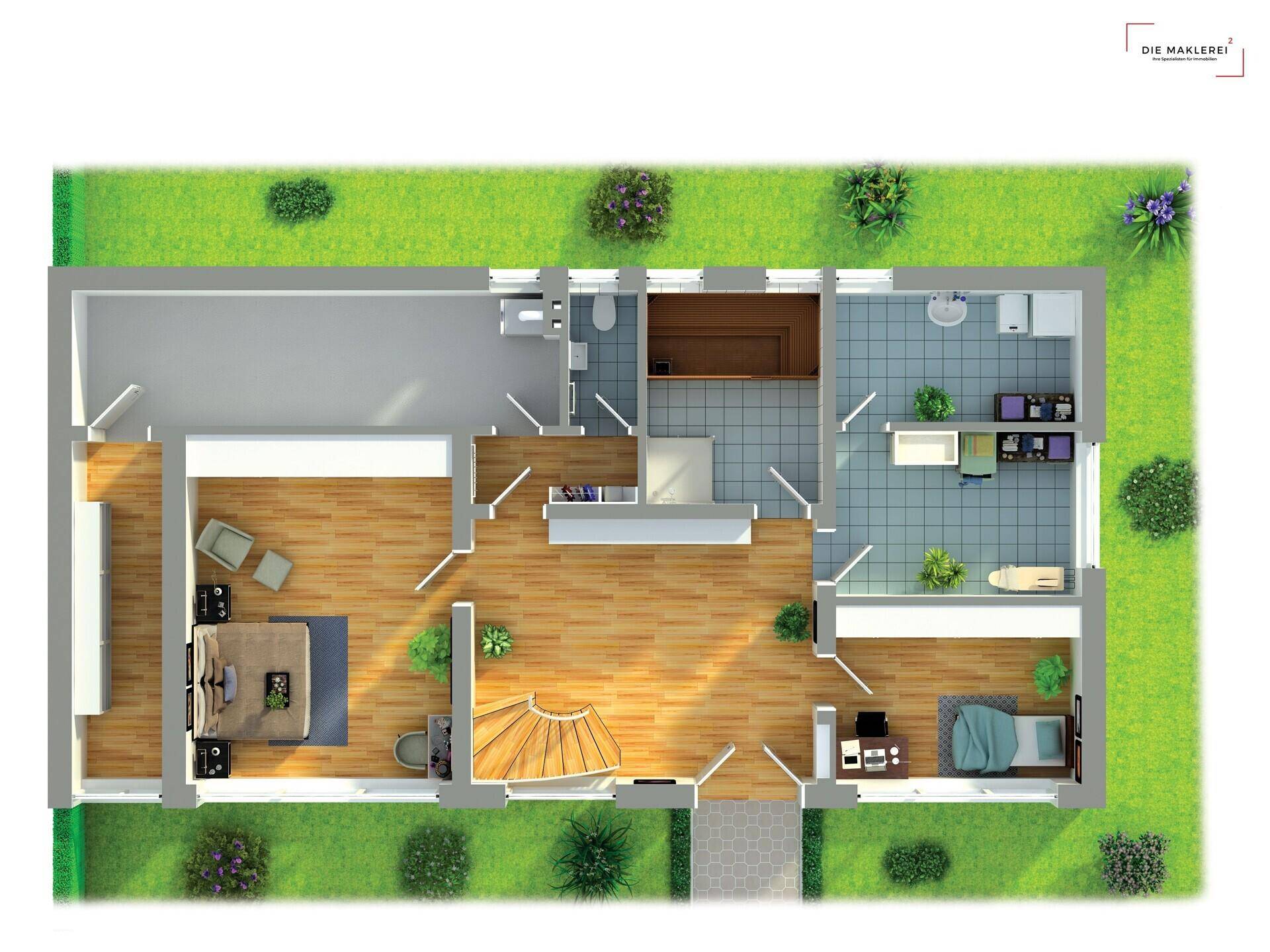 Grundriss des unteren Geschosses mit Schlafzimmern, Badezimmer und integrierter Sauna.