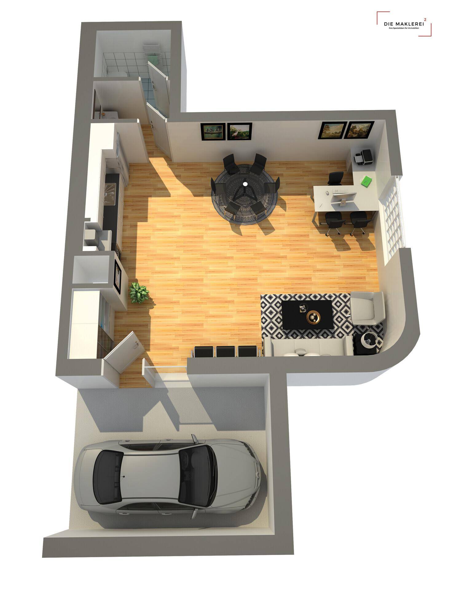 Dreidimensionaler Grundriss einer Wohnung mit offenem Wohnbereich, Küche, Bad und integrierter Garage.