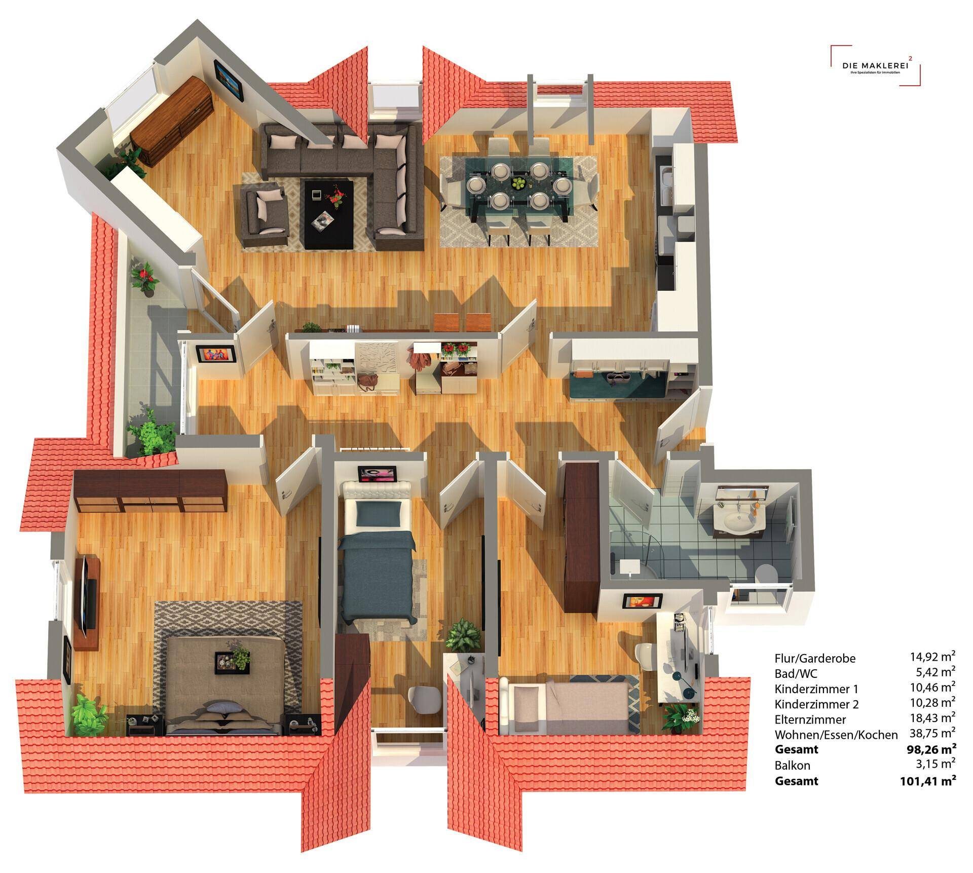 Detaillierter 3D-Grundriss einer Wohnung mit offenem Wohnbereich, drei Schlafzimmern und Balkon.