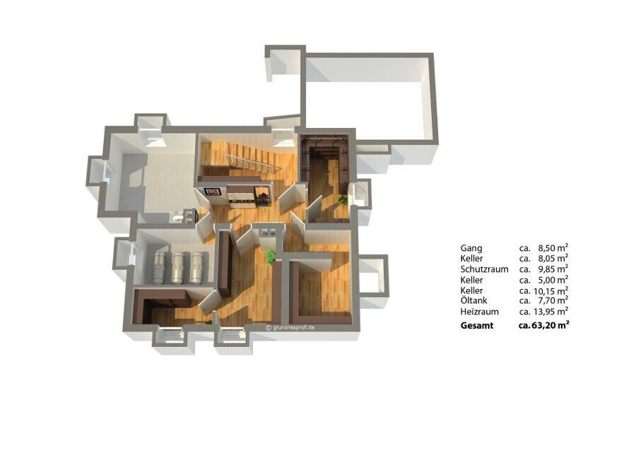 3D-Grundriss des Kellergeschosses mit verschiedenen Abstellräumen und Technikbereichen.