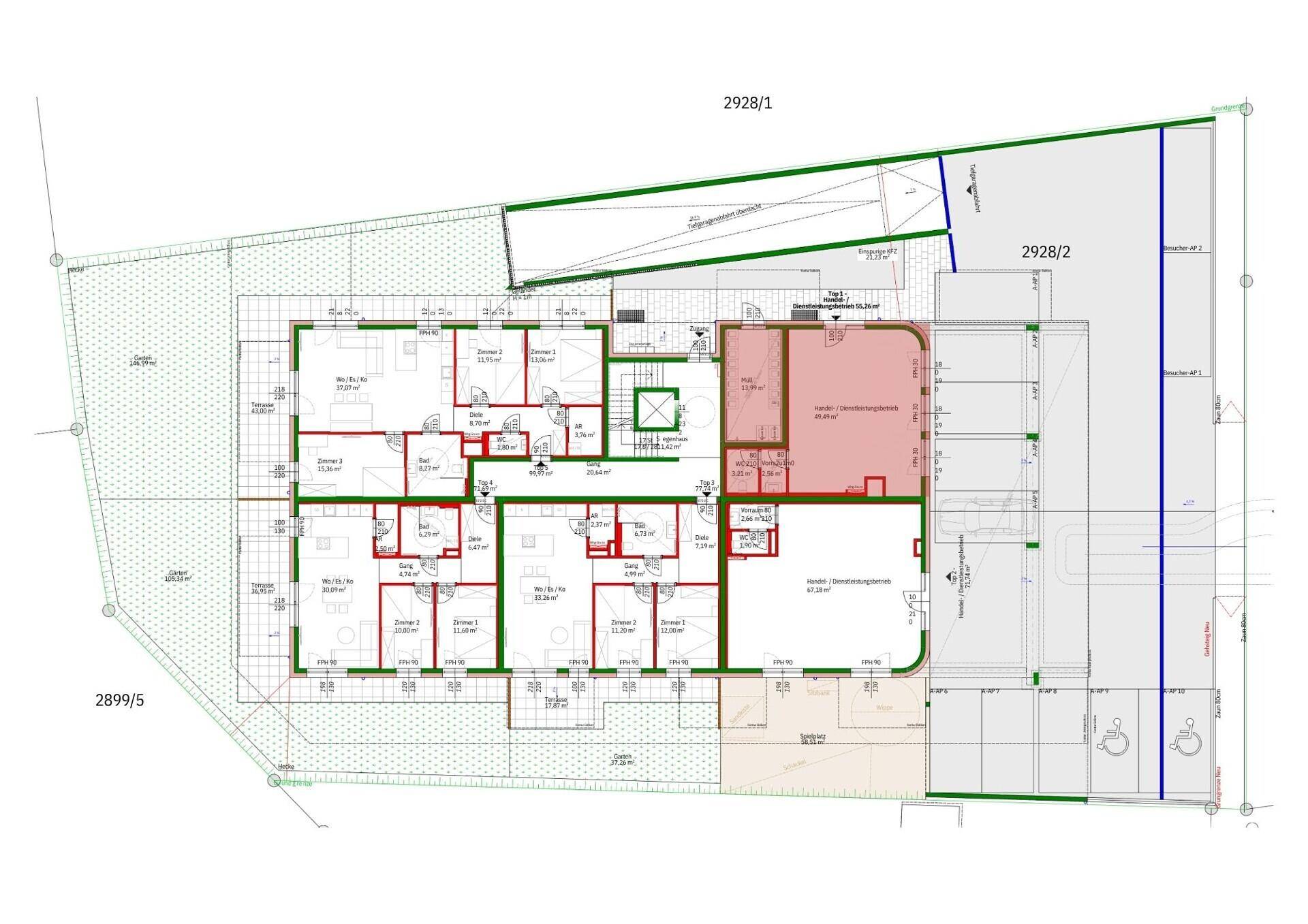 Detaillierter Grundrissplan einer Etage mit mehreren Wohneinheiten und Außenbereichen.