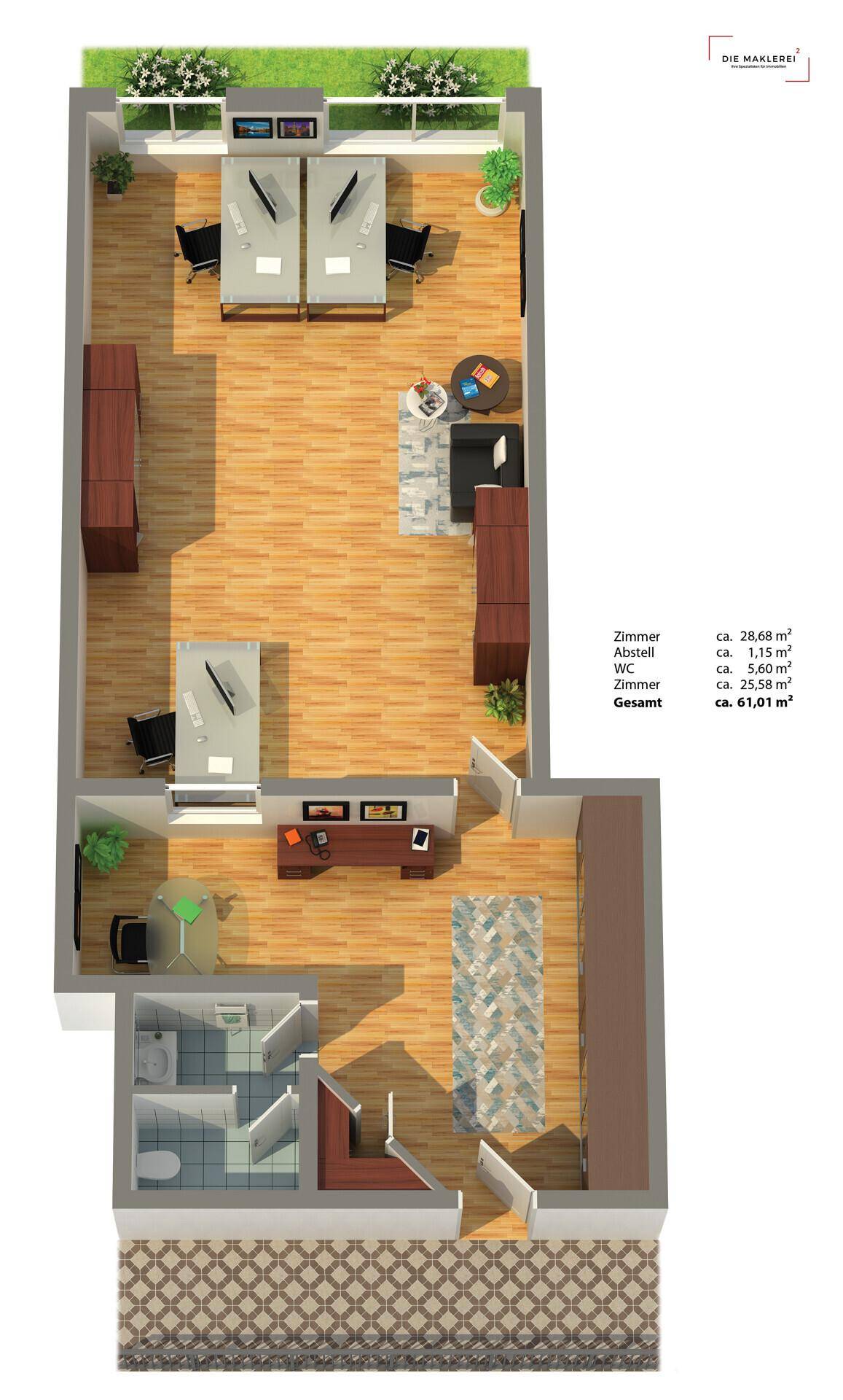 Grundriss einer Bürofläche mit mehreren Arbeitsbereichen, Empfangsbereich und zwei Toiletten, inklusive Balkon.