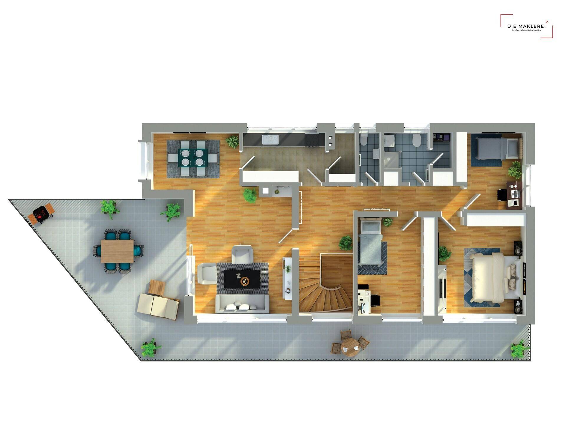 Grundriss des oberen Geschosses mit offenem Wohnbereich, Küche und einer großen Terrasse.