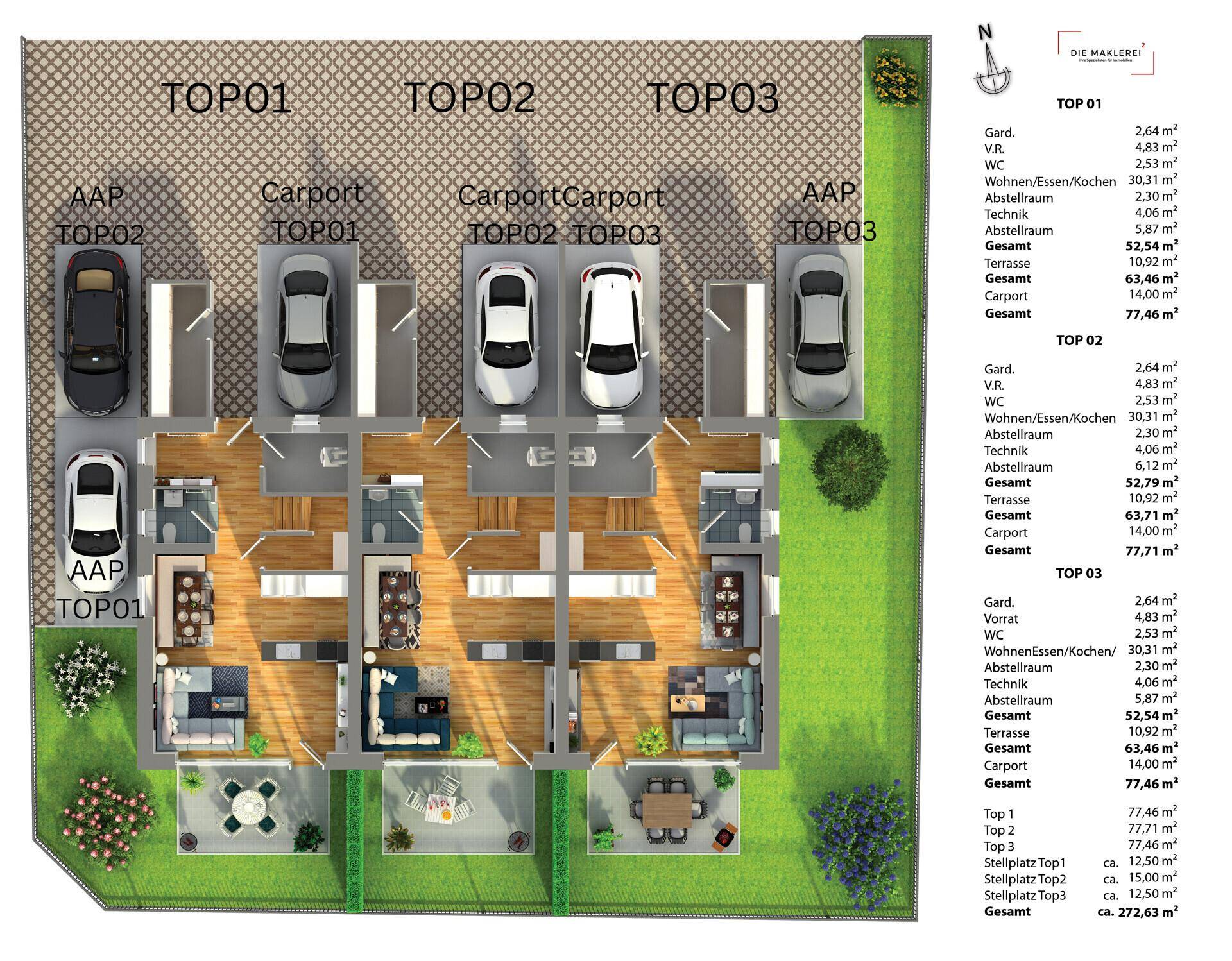 Grundriss des Erdgeschosses mit offenem Wohnbereich, Terrasse, Garten und Carports für drei Reihenhäuser.