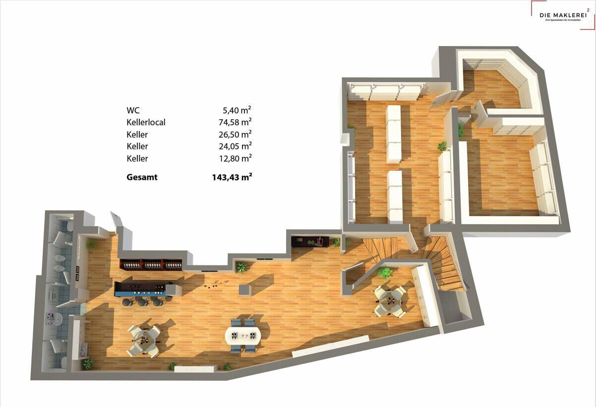 Detaillierter Grundriss eines Gewerbeobjekts mit Barbereich, Sitzgelegenheiten und Kellerräumen.