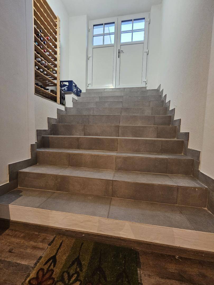 Geflieste Treppe führt hinunter in den Kellerbereich mit Weinregal.