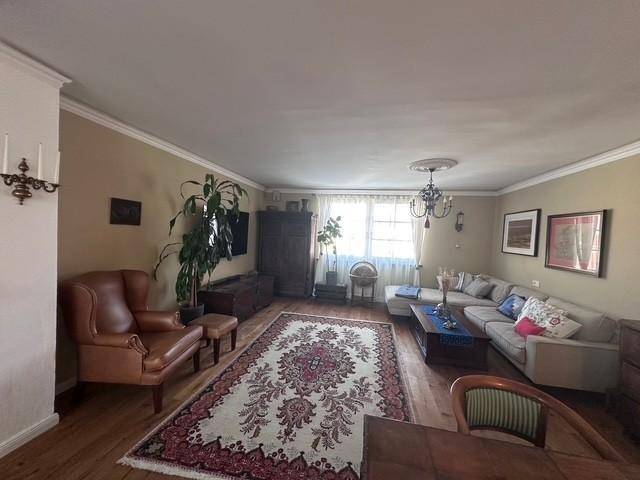 Geräumiges Wohnzimmer mit Parkettboden, großem Teppich und bequemen Sitzmöbeln.