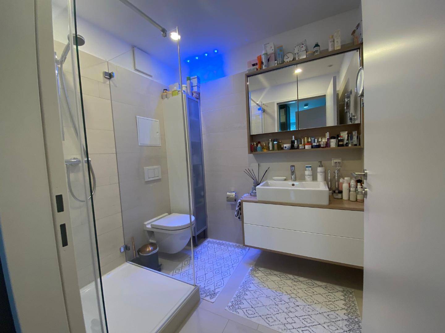 Helles Badezimmer mit moderner Dusche, wandhängendem WC und Einzelwaschbecken.