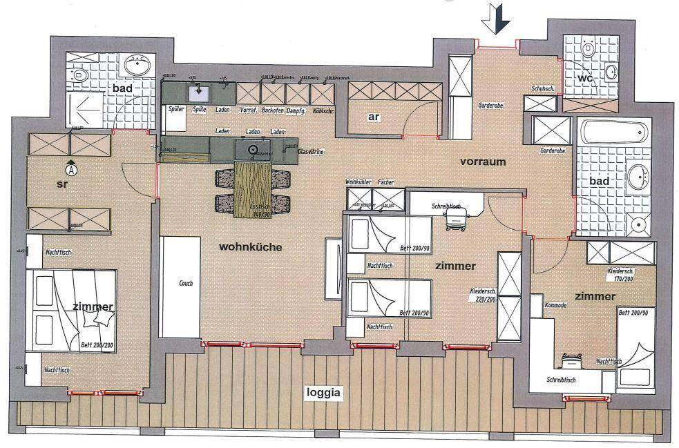 Detaillierter Grundriss einer Wohnung mit Wohnküche, mehreren Zimmern und Loggia.