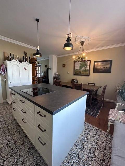 Offene Küche mit Kücheninsel, integriertem Kochfeld und Blick auf den Essbereich.