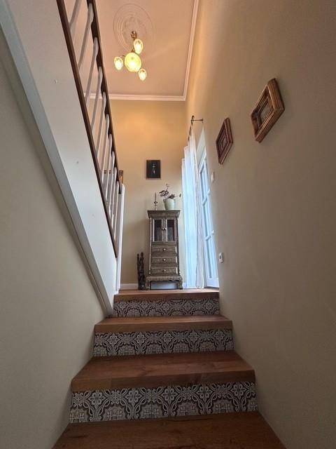 Treppe mit Holzdielen und gemusterten Fliesen an den Setzstufen.