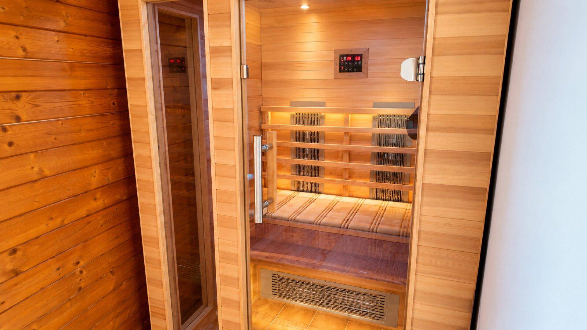 Eine moderne Infrarotsauna mit Holzwänden und Glasfront, bereit zur Entspannung.