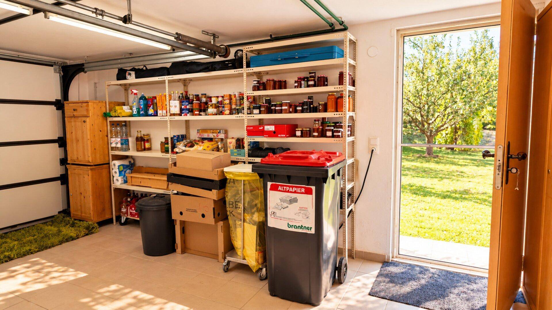 Geräumige Garage mit Regalen für Lagerung und einem Ausgang zum grünen Gartenbereich.