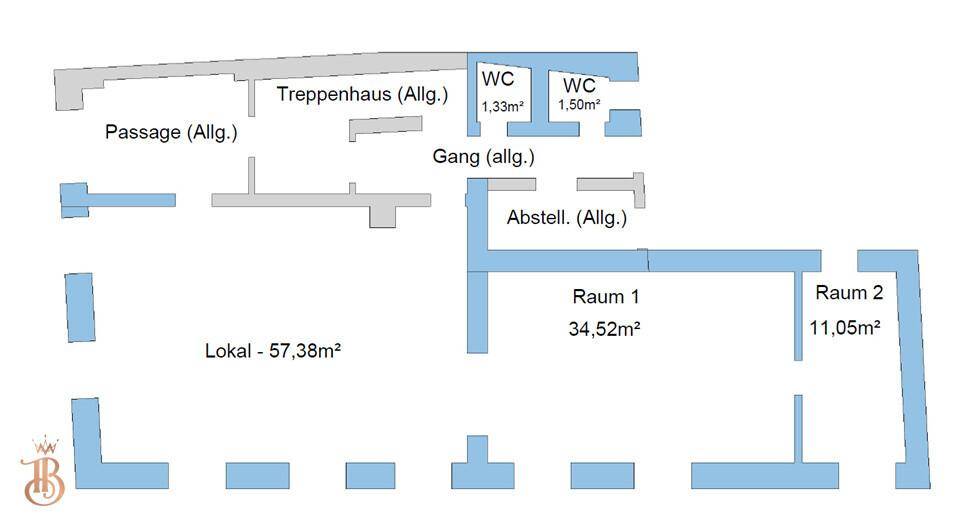Grundrissplan zeigt die Aufteilung der Räume mit Flächenangaben und Sanitärbereichen.