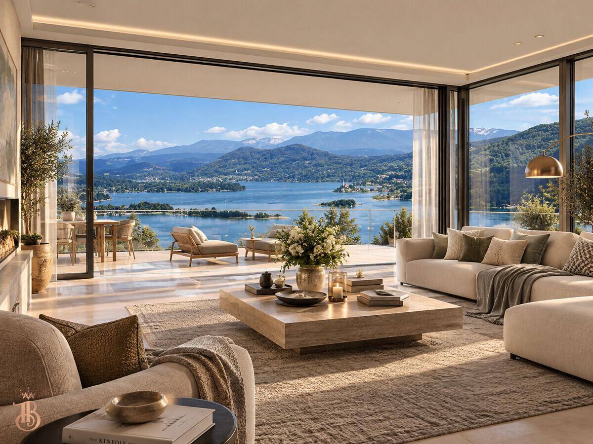 Helles und modernes Wohnzimmer mit eleganten Möbeln und Panoramablick auf den See und die umliegende Berglandschaft.