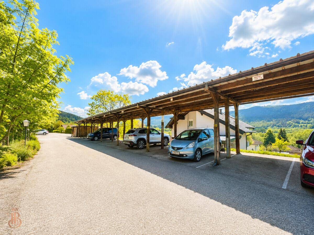 Überdachte Parkplätze (Carports) für mehrere Fahrzeuge mit Blick auf die grüne Berglandschaft.