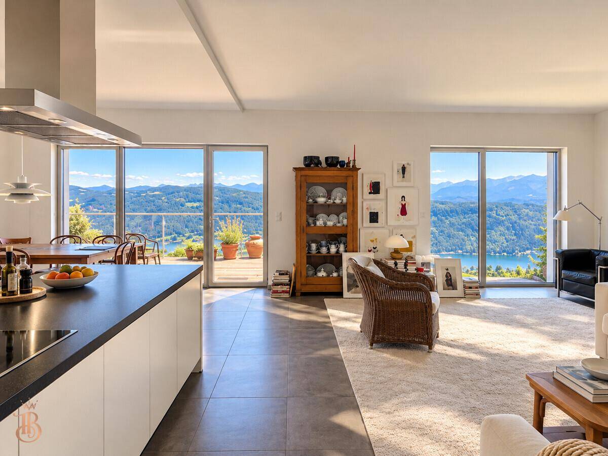 Offener Wohn- und Essbereich mit moderner Küche und weitem Blick auf den See und die Berglandschaft.