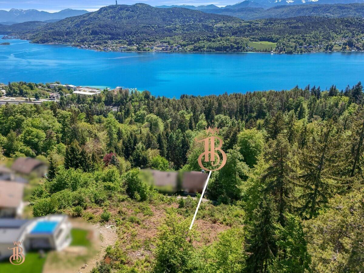 Luftaufnahme eines Grundstücks mit Blick auf den See und die umliegende bewaldete Landschaft.
