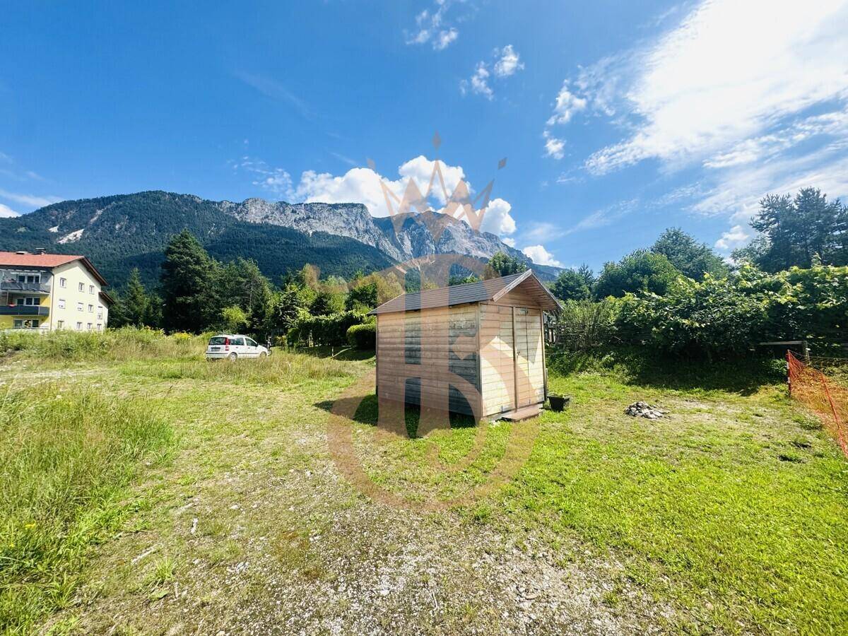 Grünes Grundstück mit einem kleinen Holzschuppen, umgeben von Bäumen und einem Wohnhaus im Hintergrund.