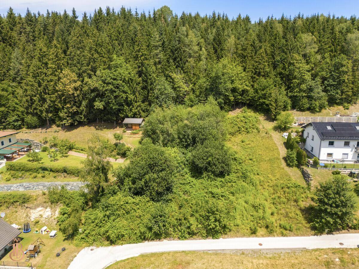 Unbebautes Grundstück in einer grünen, waldreichen Umgebung mit angrenzenden Häusern.