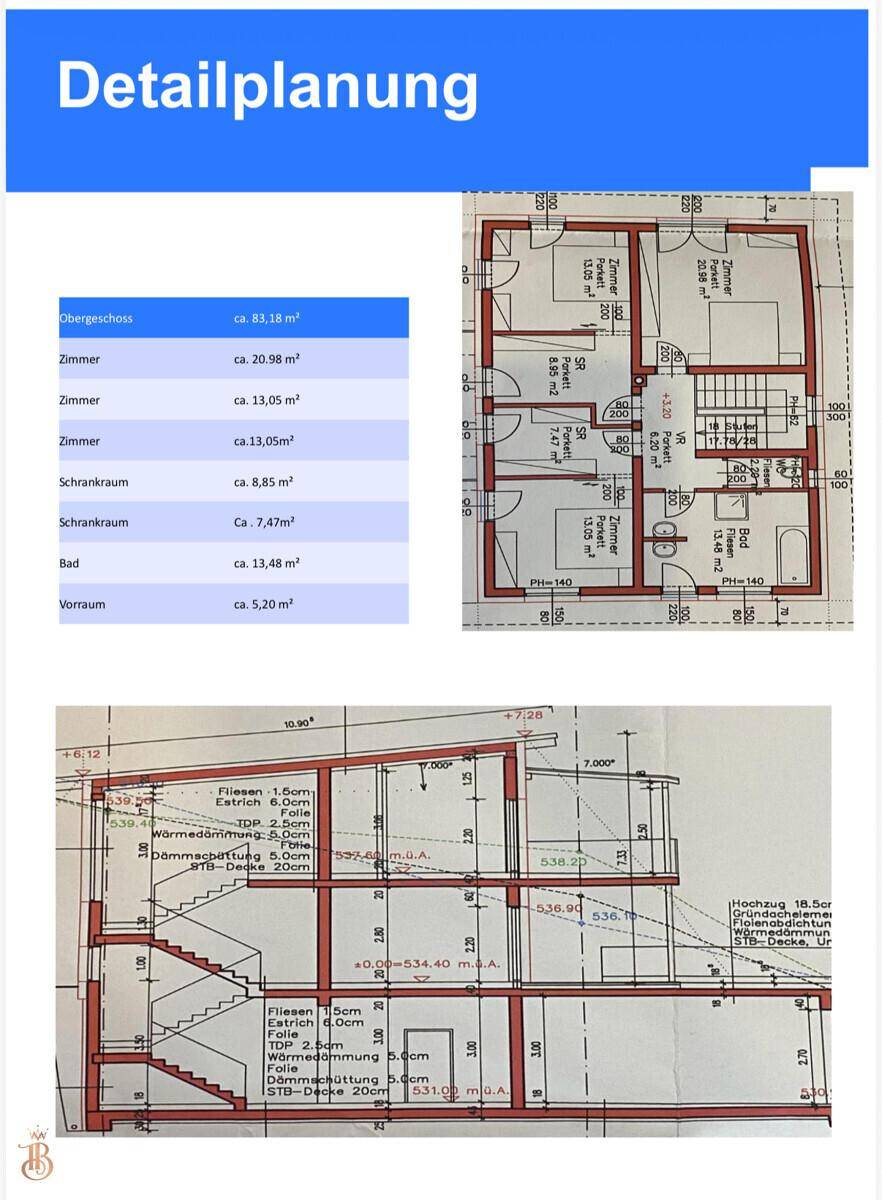 Grundrisse des Obergeschosses und Gebäudeschnitt mit Raumaufteilung und Konstruktionsdetails.