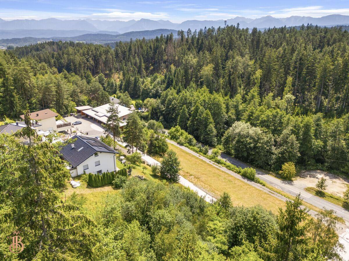 Weitläufige Landschaft mit Wohngebäuden, dichten Wäldern und einer beeindruckenden Bergkulisse.