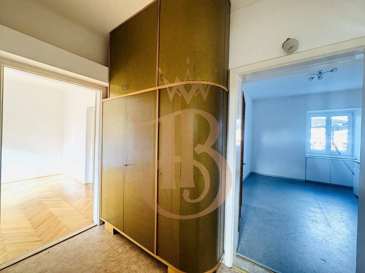 Flur mit einem großen, altmodischen Schrank und Zugang zu weiteren Zimmern, im Vintage-Stil.