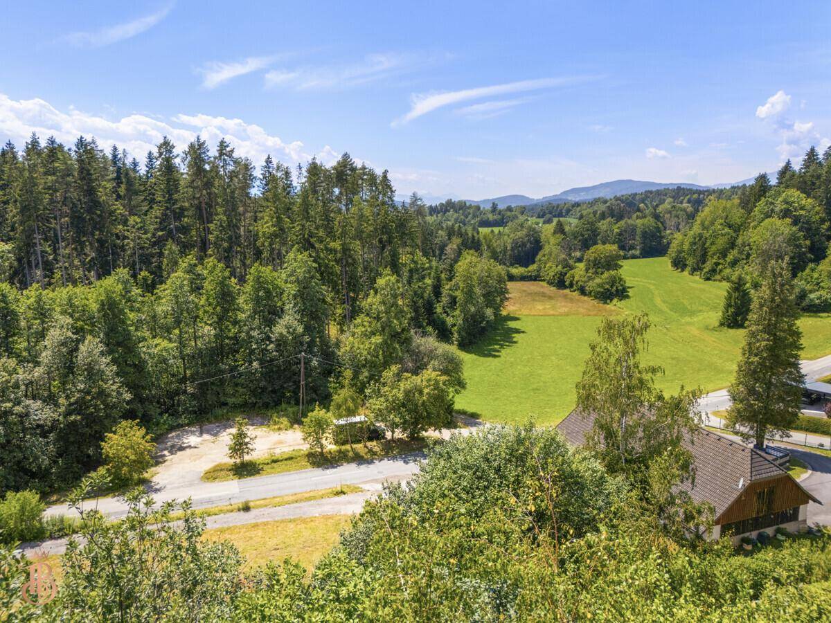 Malerische Landschaft mit weiten Feldern, dichten Wäldern und einer klaren Sicht auf die Berge.