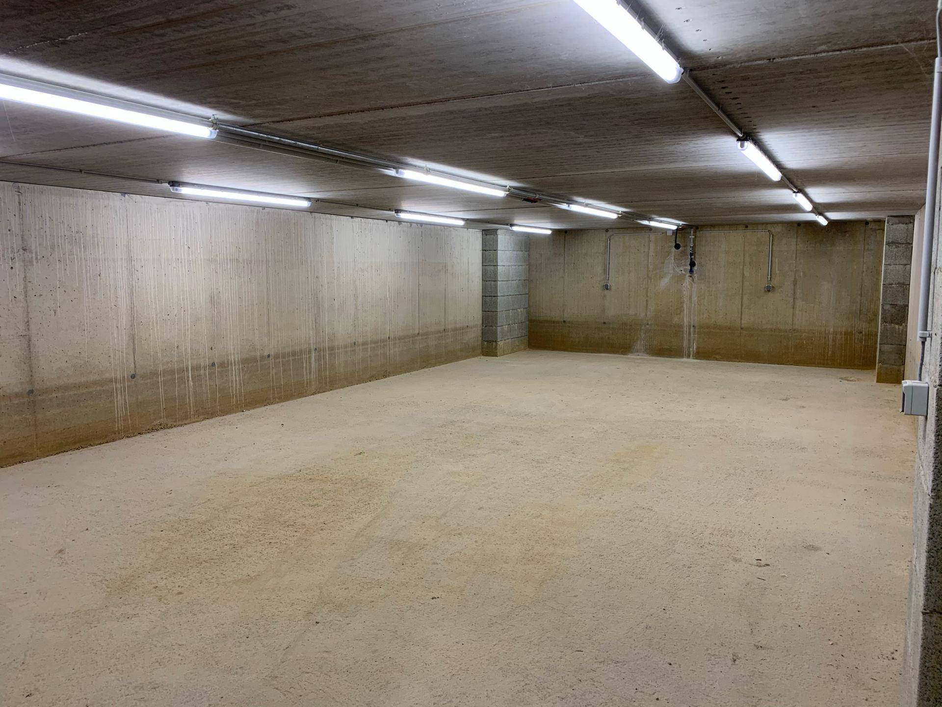 Großer, leerer Kellerraum mit Betonwänden und -boden, beleuchtet von Neonröhren an der Decke.