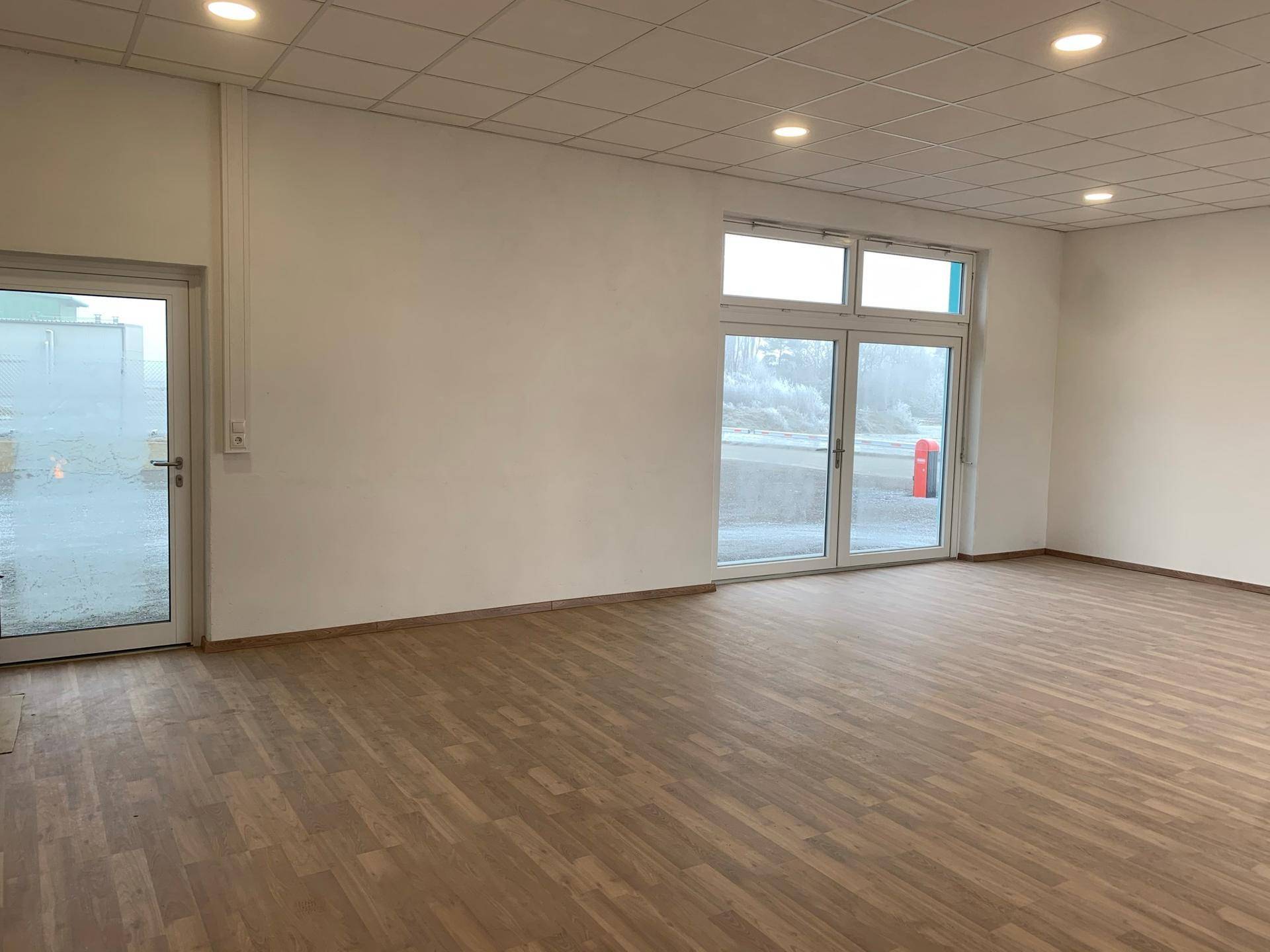 Geräumiger, heller Raum mit Laminatboden, großen Fenstern und einer modernen Deckenbeleuchtung.